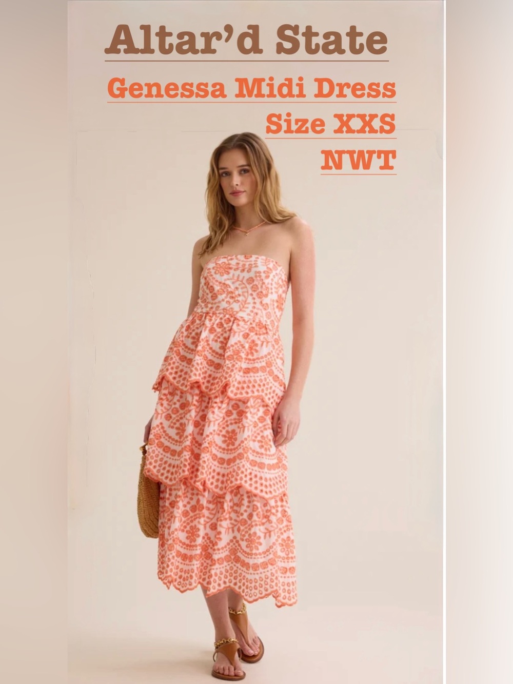 NWT Altar’d State Strapless Tiered Midi Dress - Coral  (XXS)